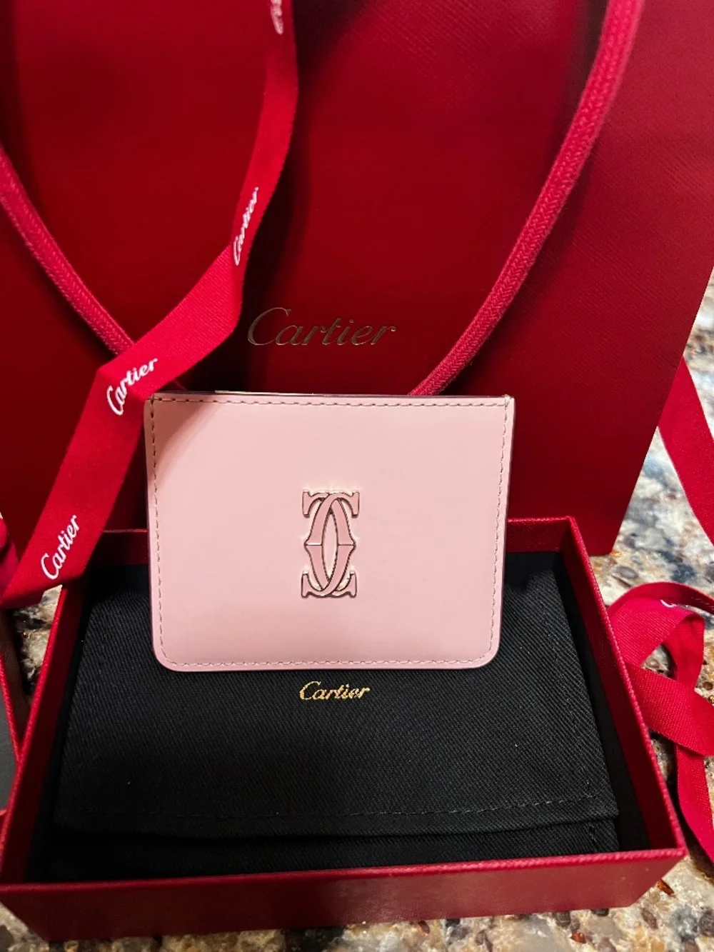 Authentic Cartier C de Cartier Pink Leather Card Holder Wallet w/ Box, Dust Bag